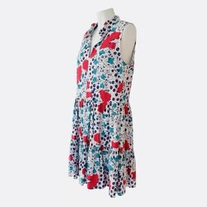 Oliphant Size XS White, Blue, Pink Cotton Ruffle Accent Abstract Floral Dress